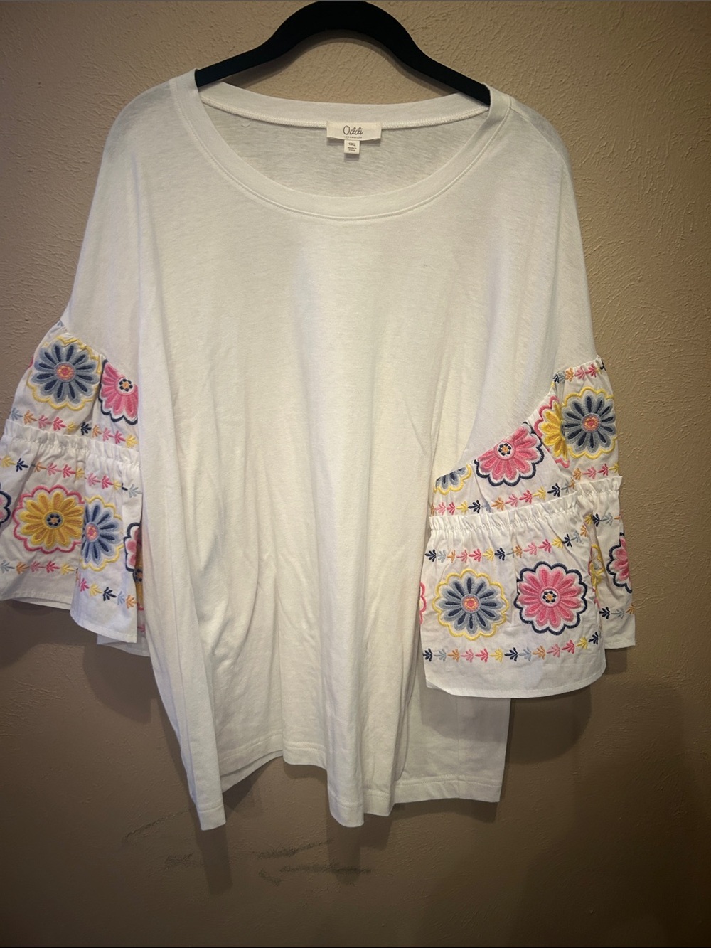 Oddi  White Long Sleeve Top with Embroidered Floral Bell Sleeves